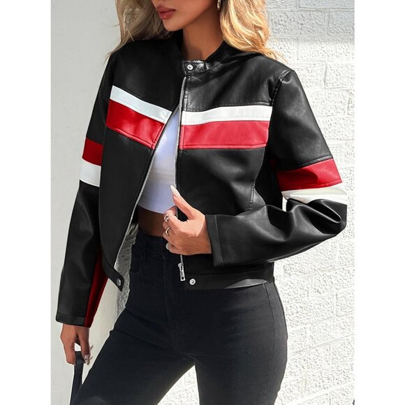 Women's Cropped Moto Biker Jackets Faux Leather Bomber Jacket Racing Black - Picture 3 of 5